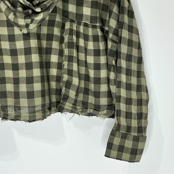 Free People Plaid Checker Hooded Cropped Long Sleeves Green Oversized Top Rare - Picture 6 of 7